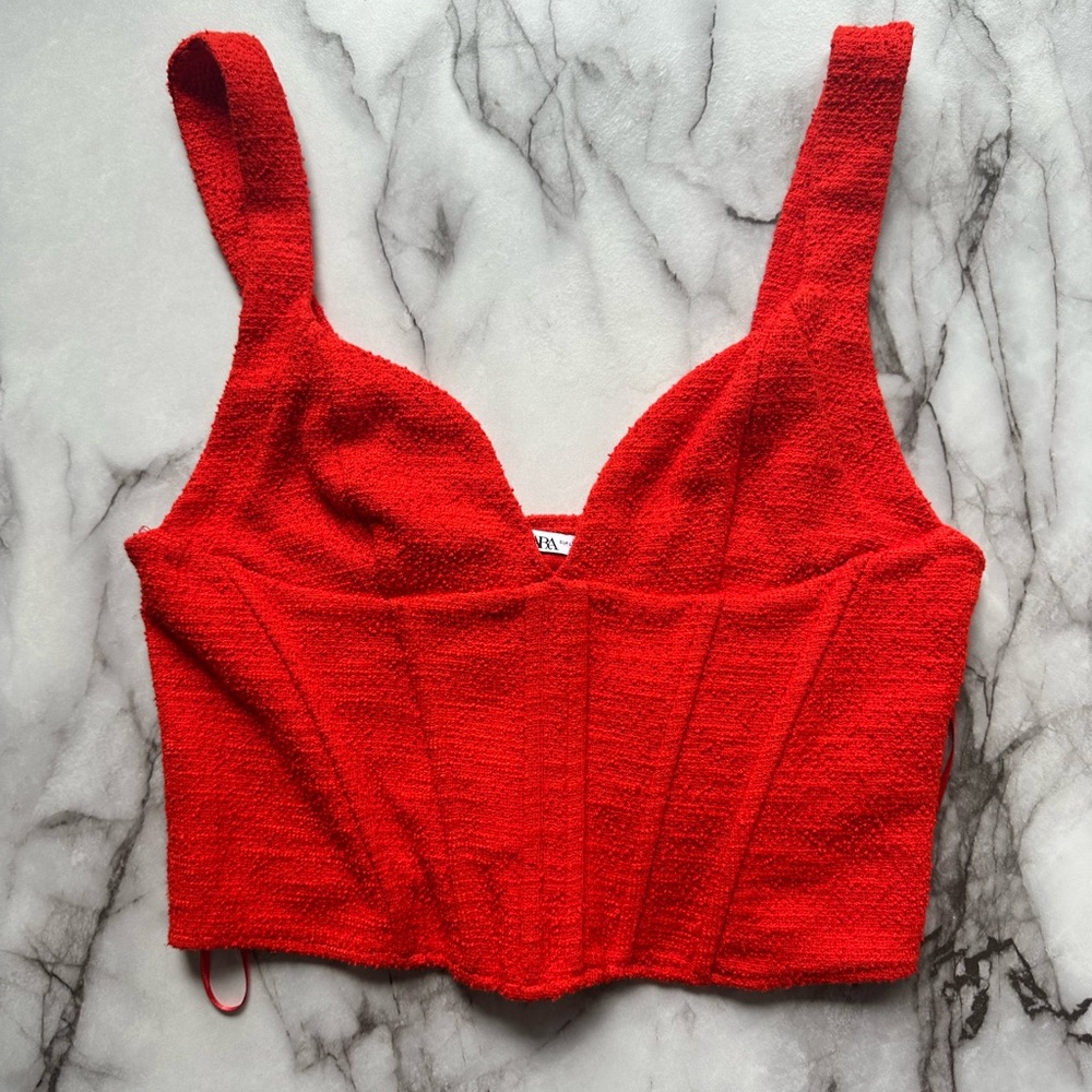 Zara Tops | Zara Textured Corset Top Red Bustier